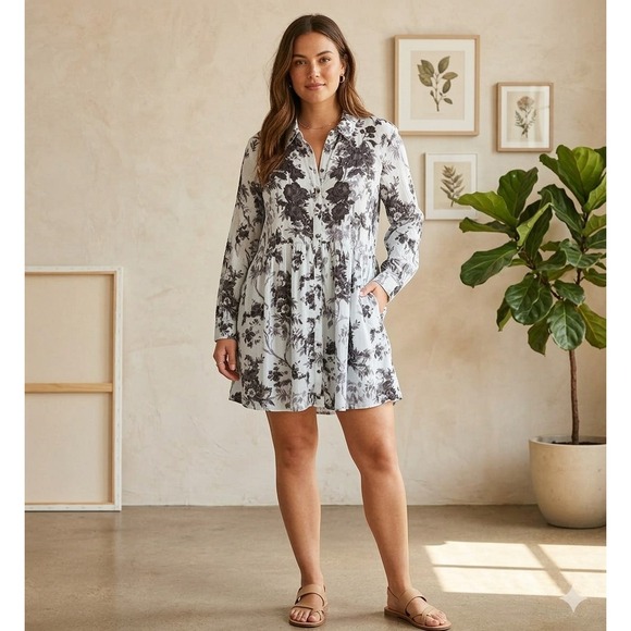 By Anthropologie Dresses & Skirts - Anthropologie Floral Toile Button Down Mini Dress Blue Black Long Sleeve Size 10